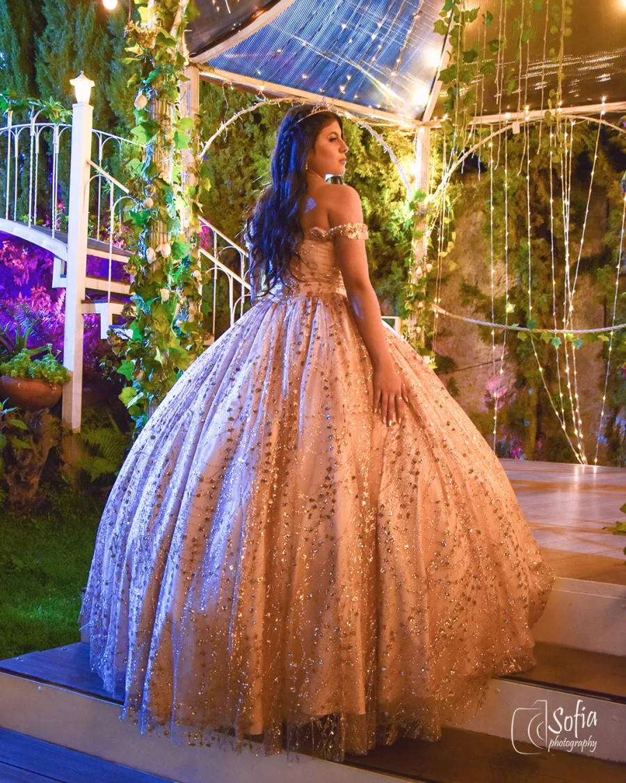Quinceañera con vestido de gala en su fiesta de 15 años